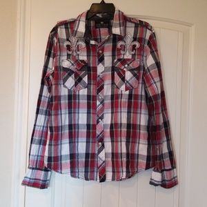 Mens black/white/red plaid pearl snap western shir
